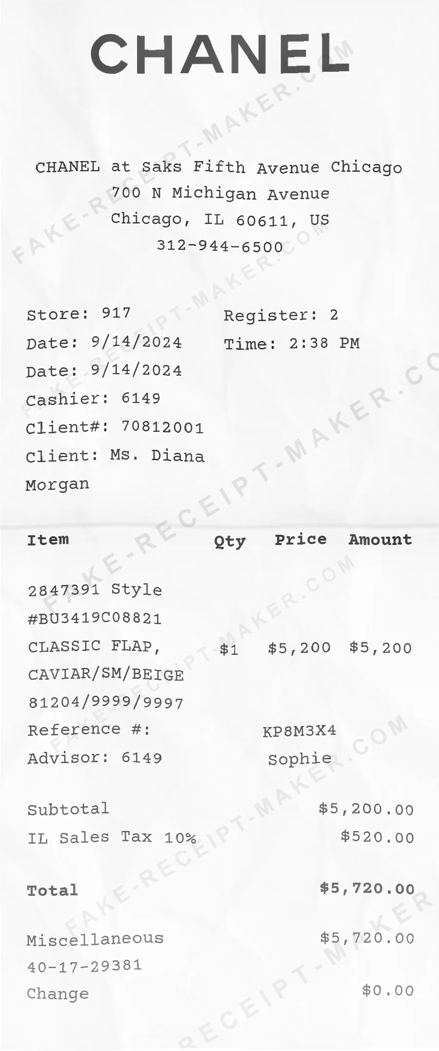 Chanel receipt template