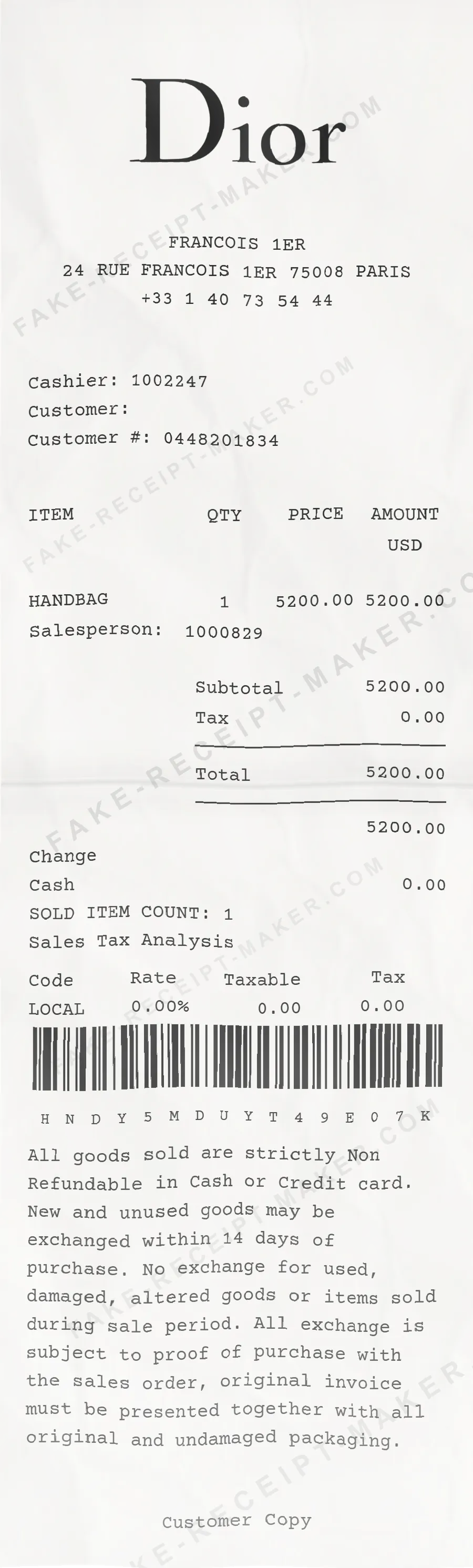 Dior receipt template