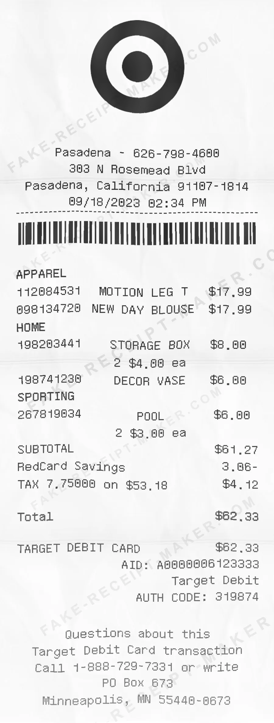 Target receipt template