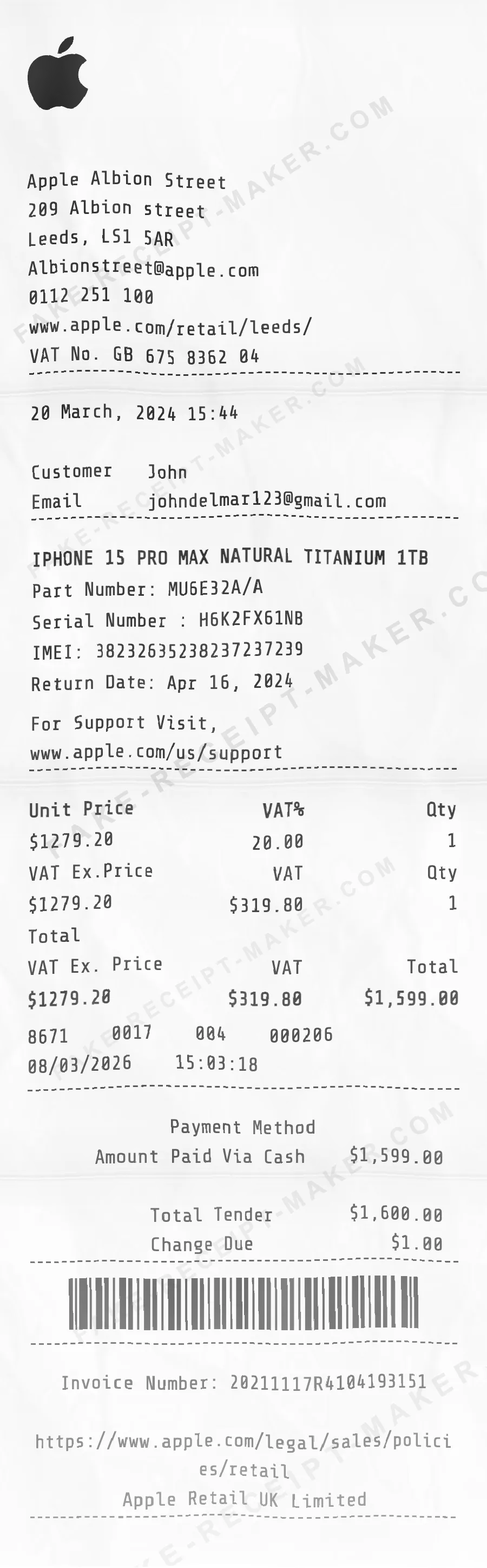 Apple Store receipt template