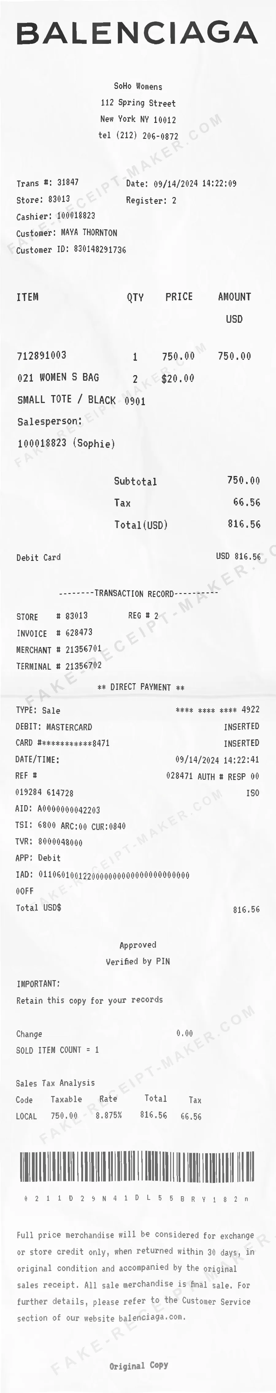 Balenciaga receipt template