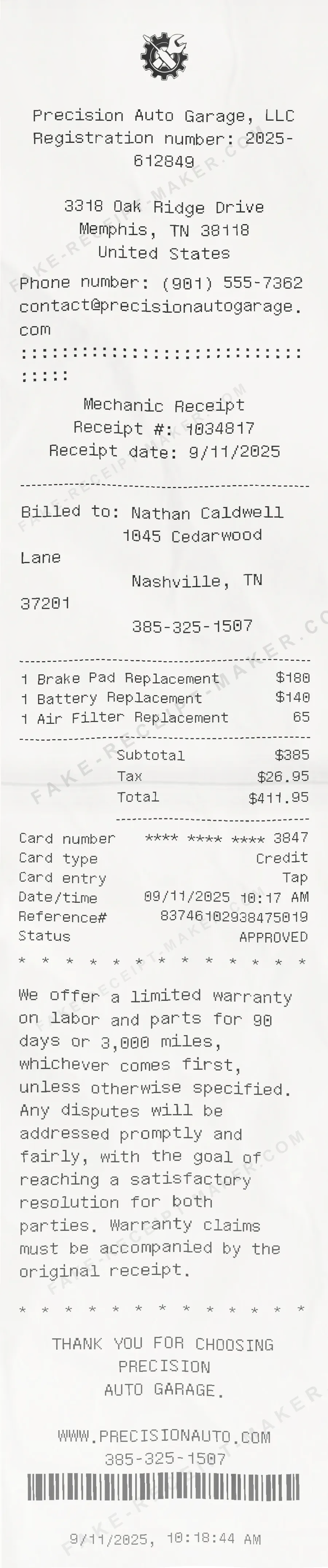 Mechanic receipt template