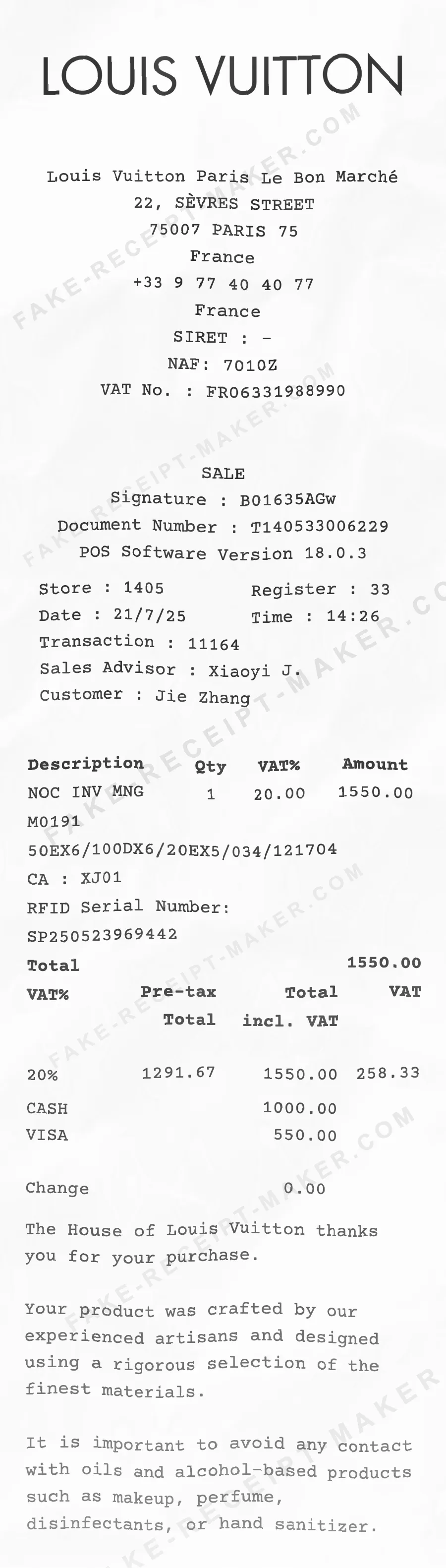 Louis Vuitton receipt template