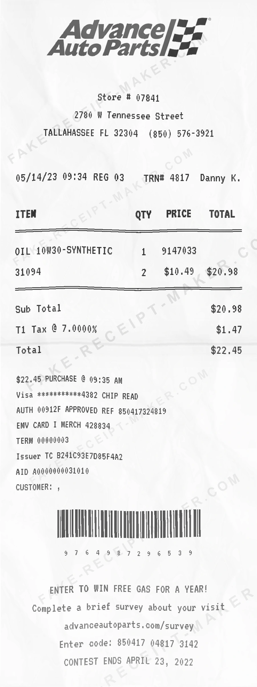 Advance Auto Parts receipt template