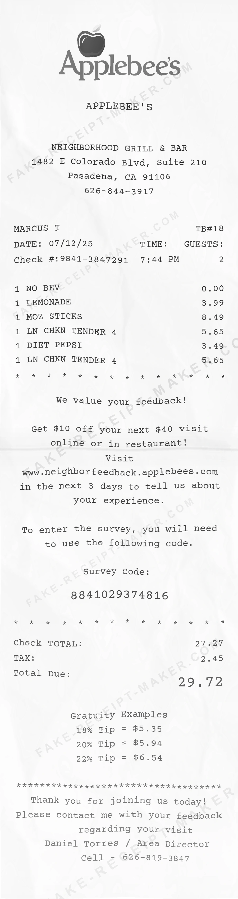 Applebee's receipt template