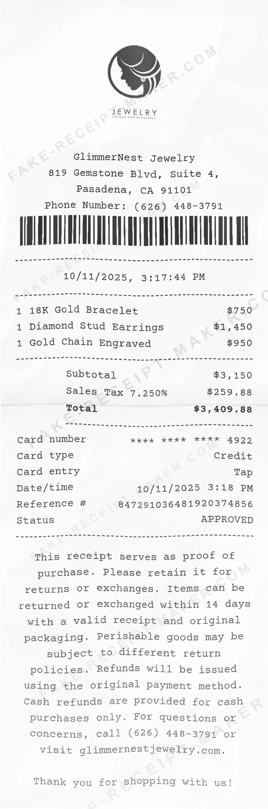 Jewelry receipt template