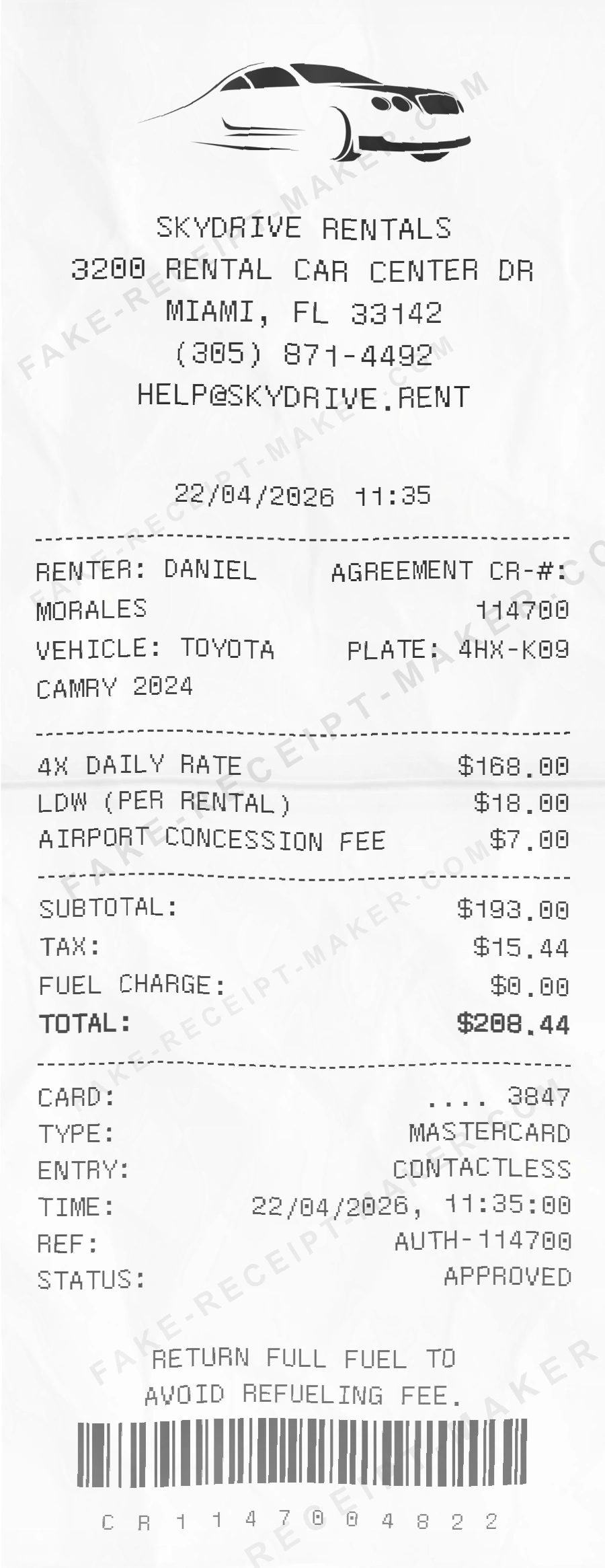 Make Car Rental Receipt Online