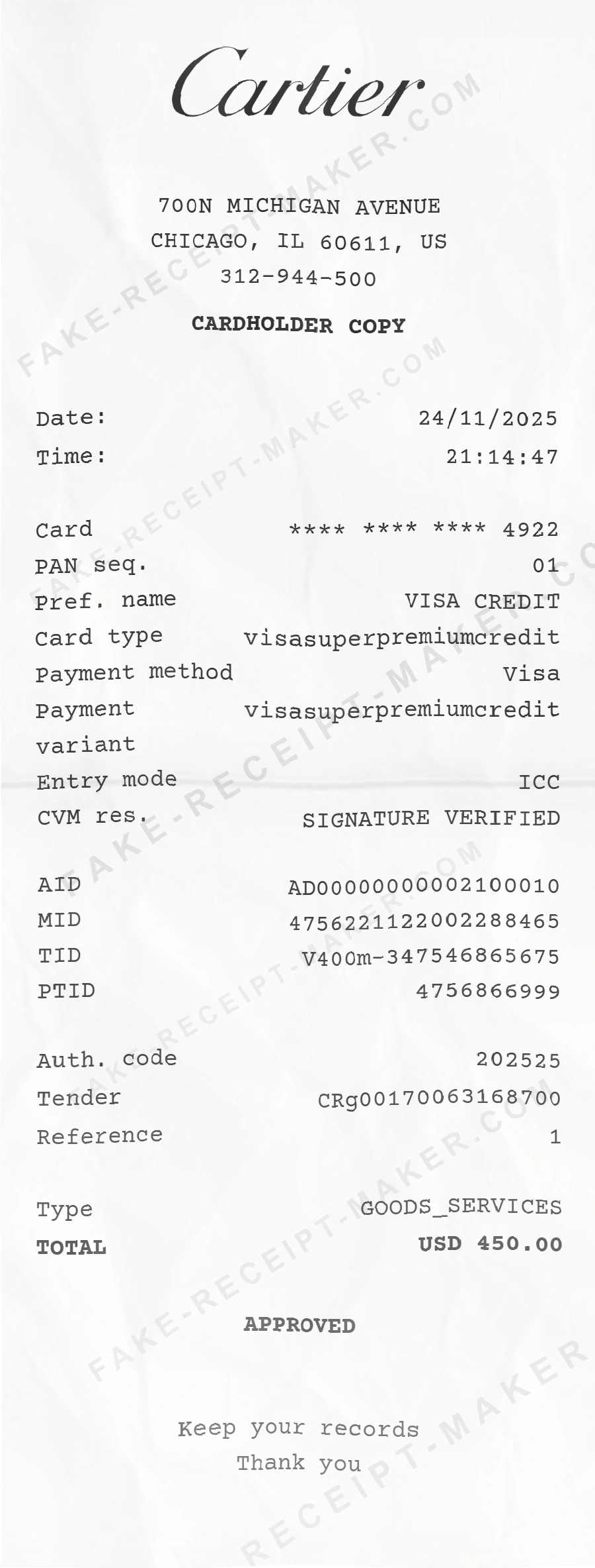 Cartier receipt template