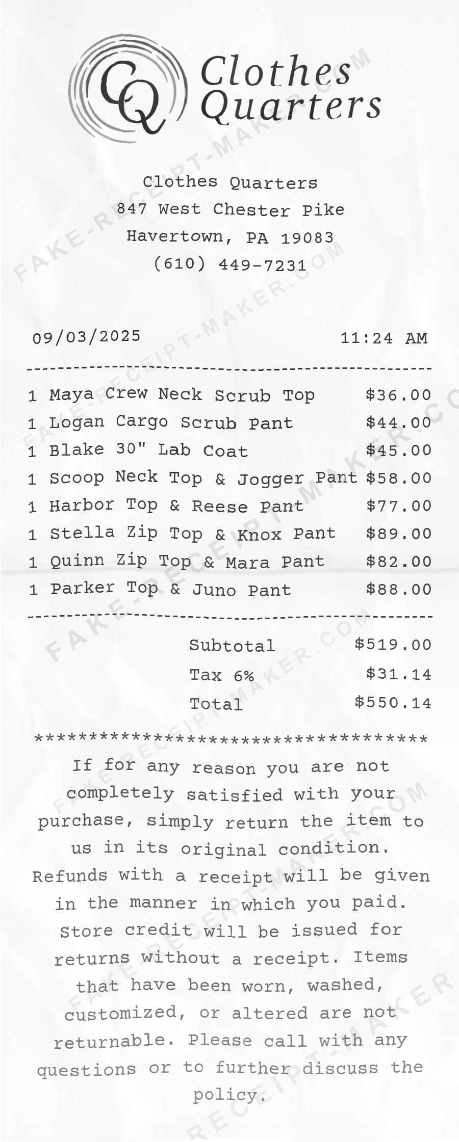 Clothes Quarters receipt template