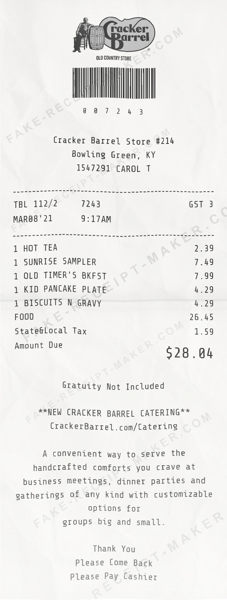 Cracker Barrel receipt template