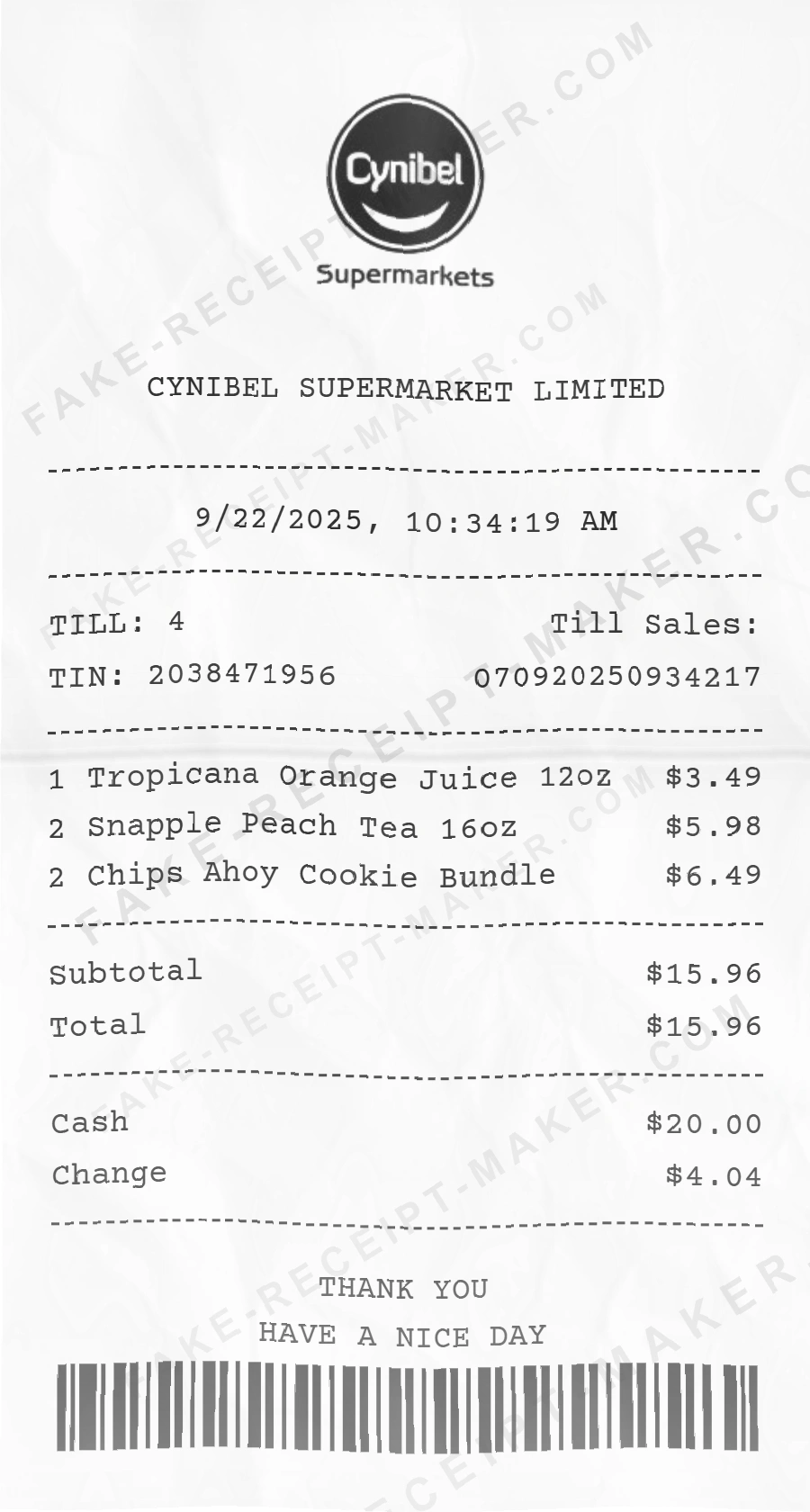 Make Cynibel Supermarket Receipt Online