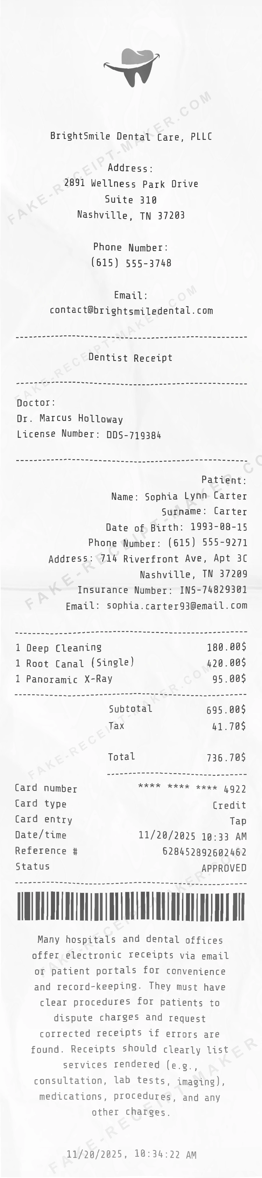 Dental receipt template