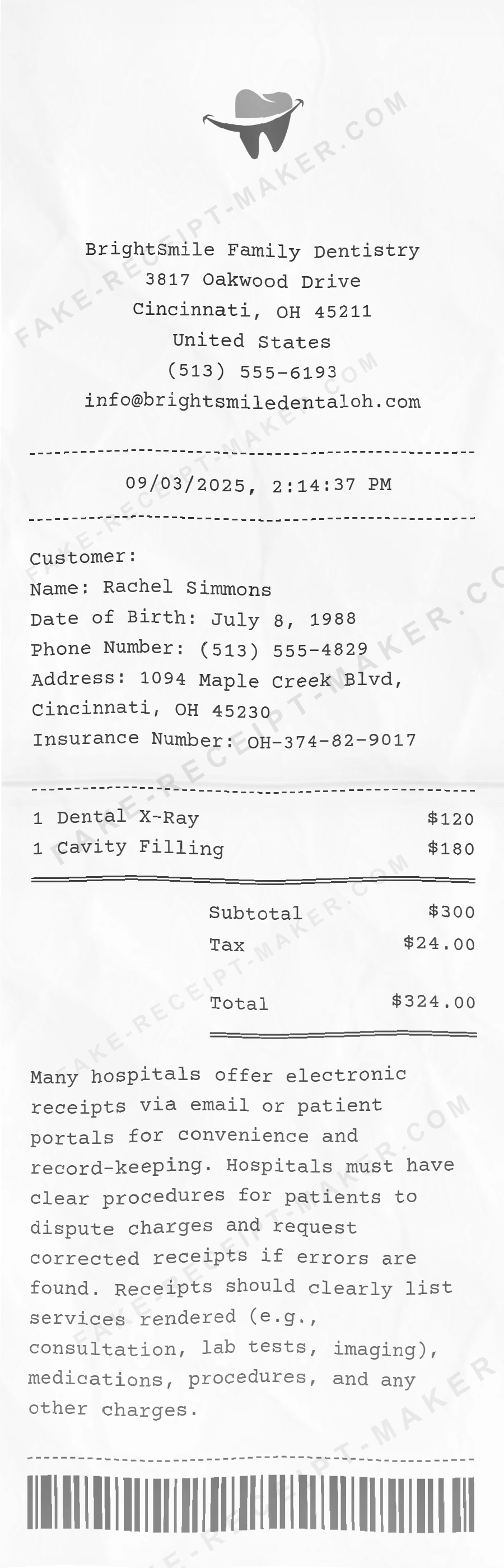 Dentist receipt template