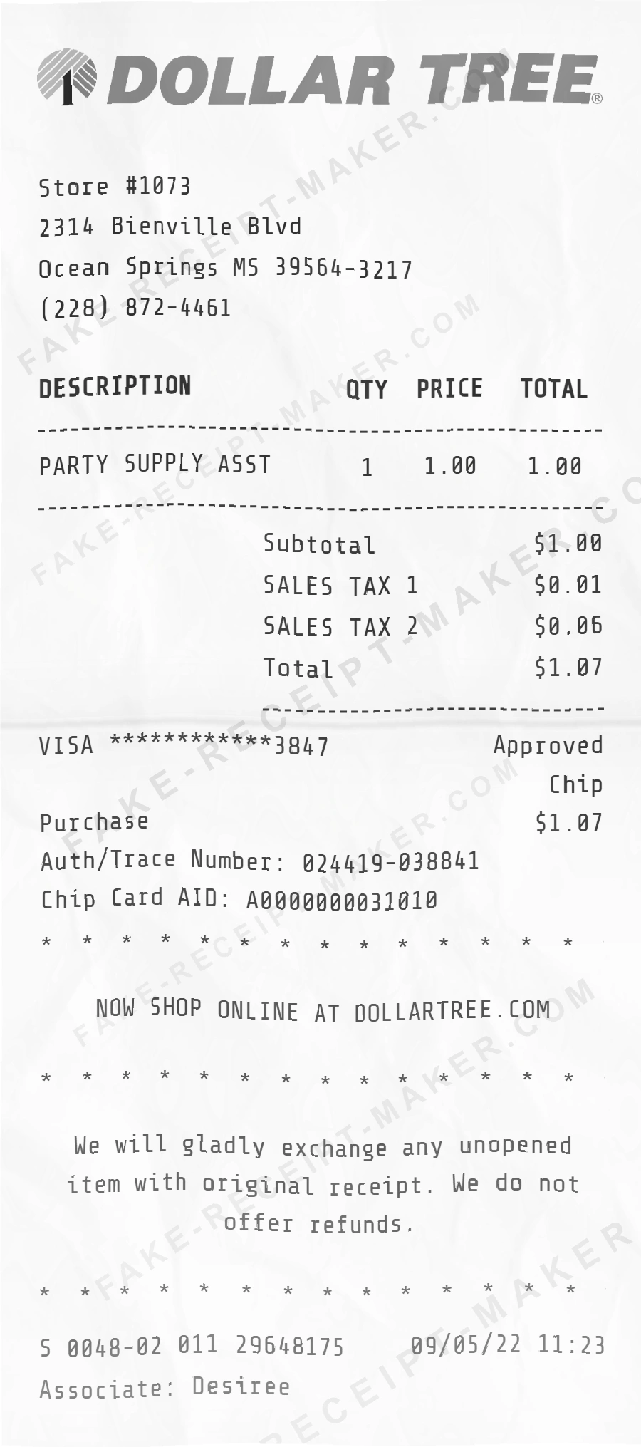 Dollar Tree receipt template