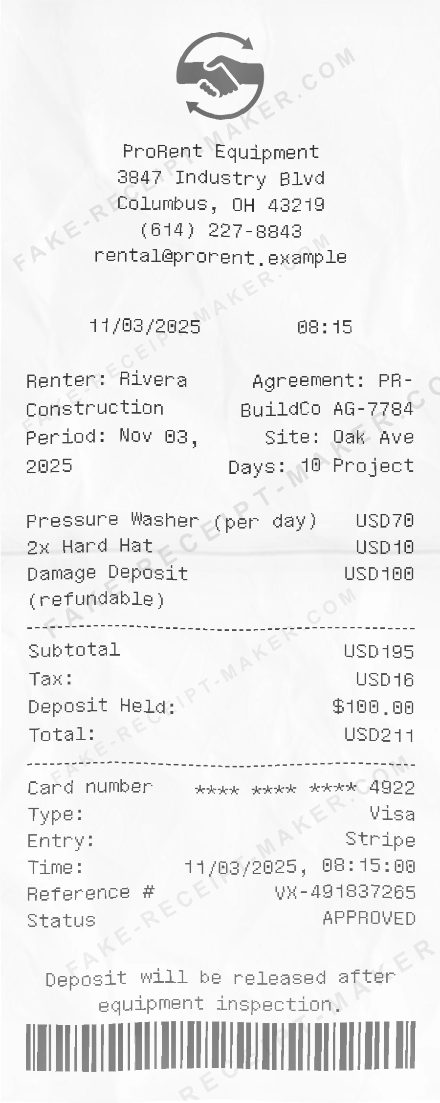 Make Equipment Rental Receipt Online