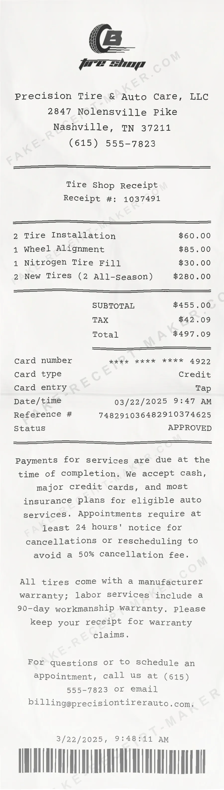 Tire Shop receipt template