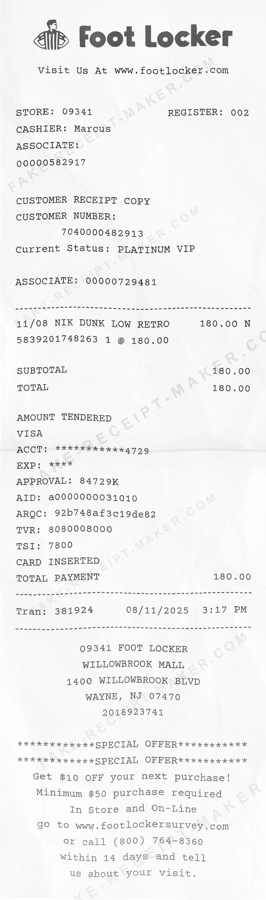 Foot Locker receipt template