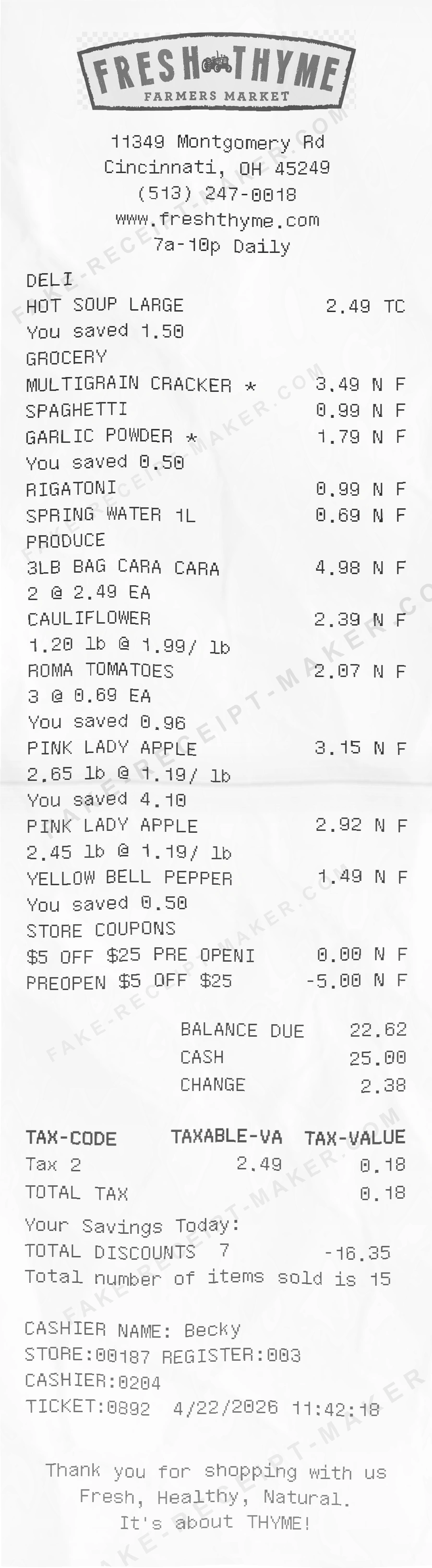 Make Fresh Thyme Farmers Market Receipt Online