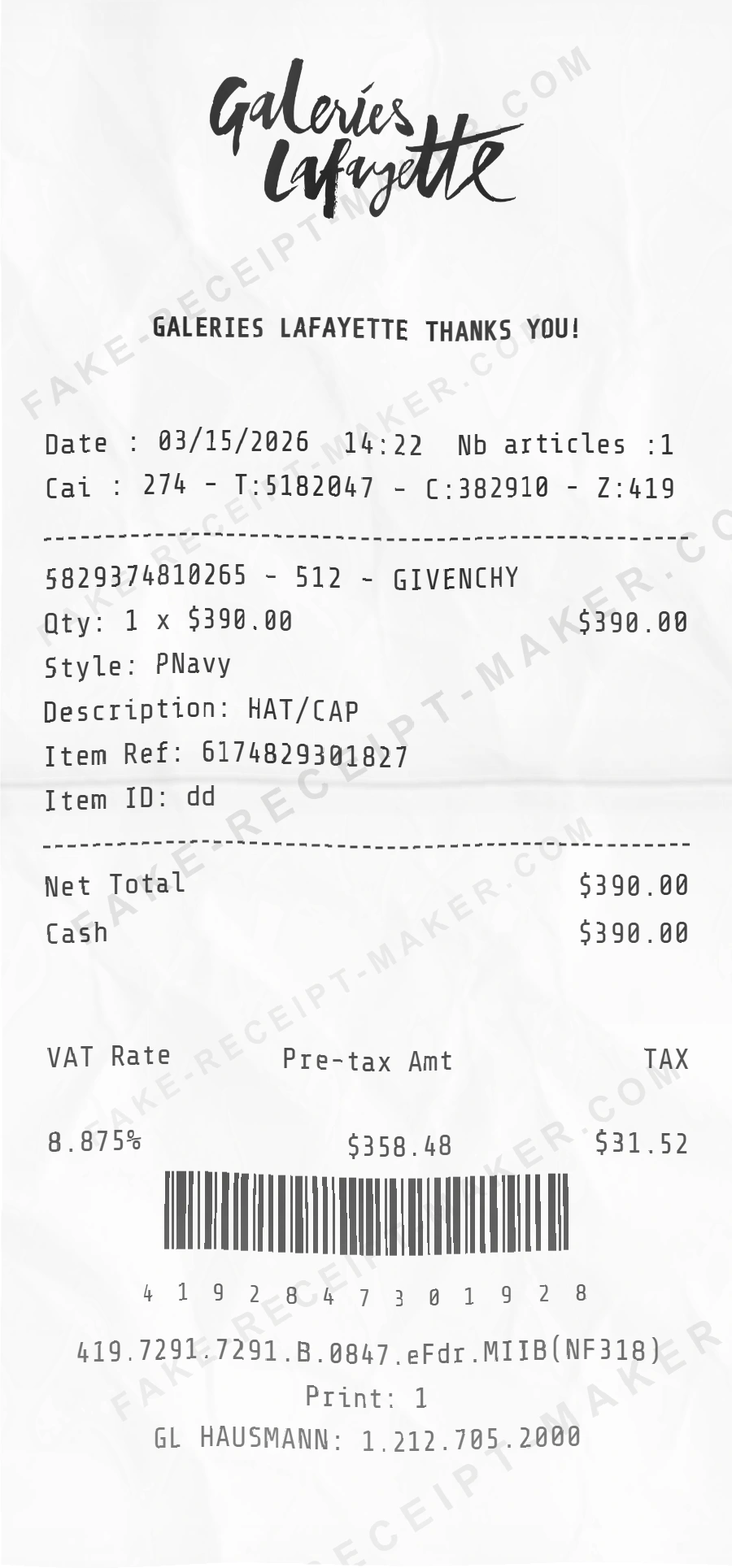 Make Galerie Lafayette Receipt Online