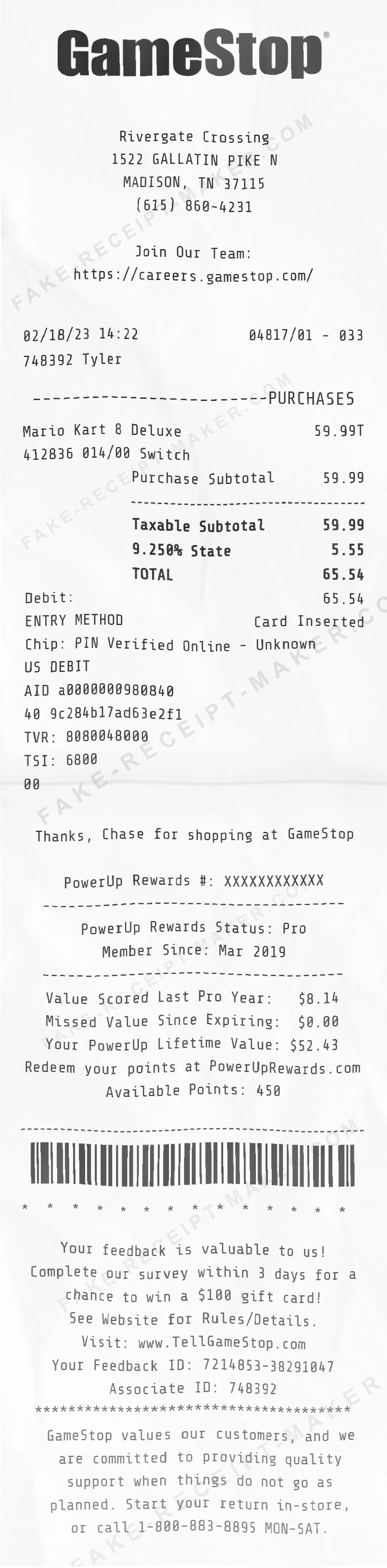 GameStop receipt template