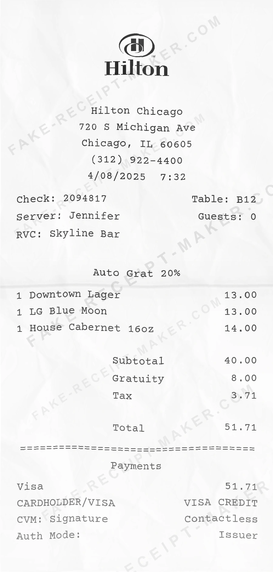Hilton Hotel receipt template