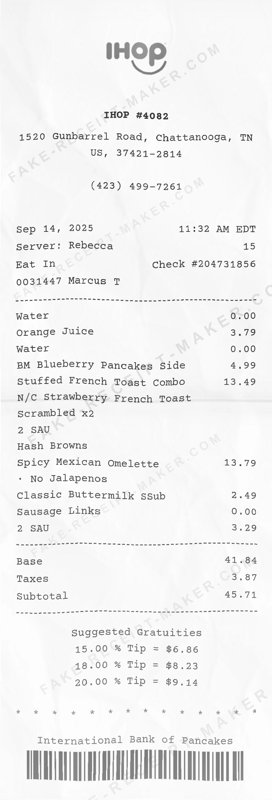 IHOP receipt template