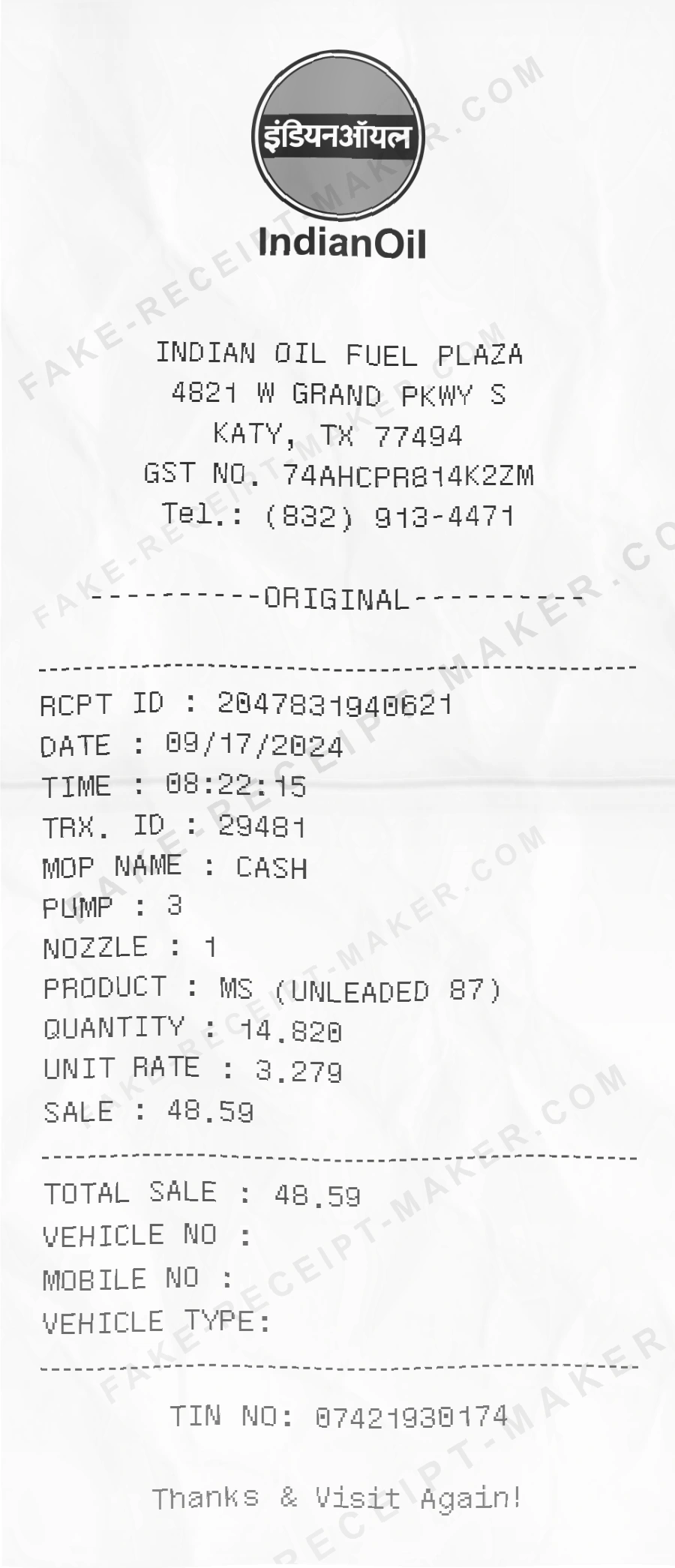 Make Indian Petrol Pump Receipt Online