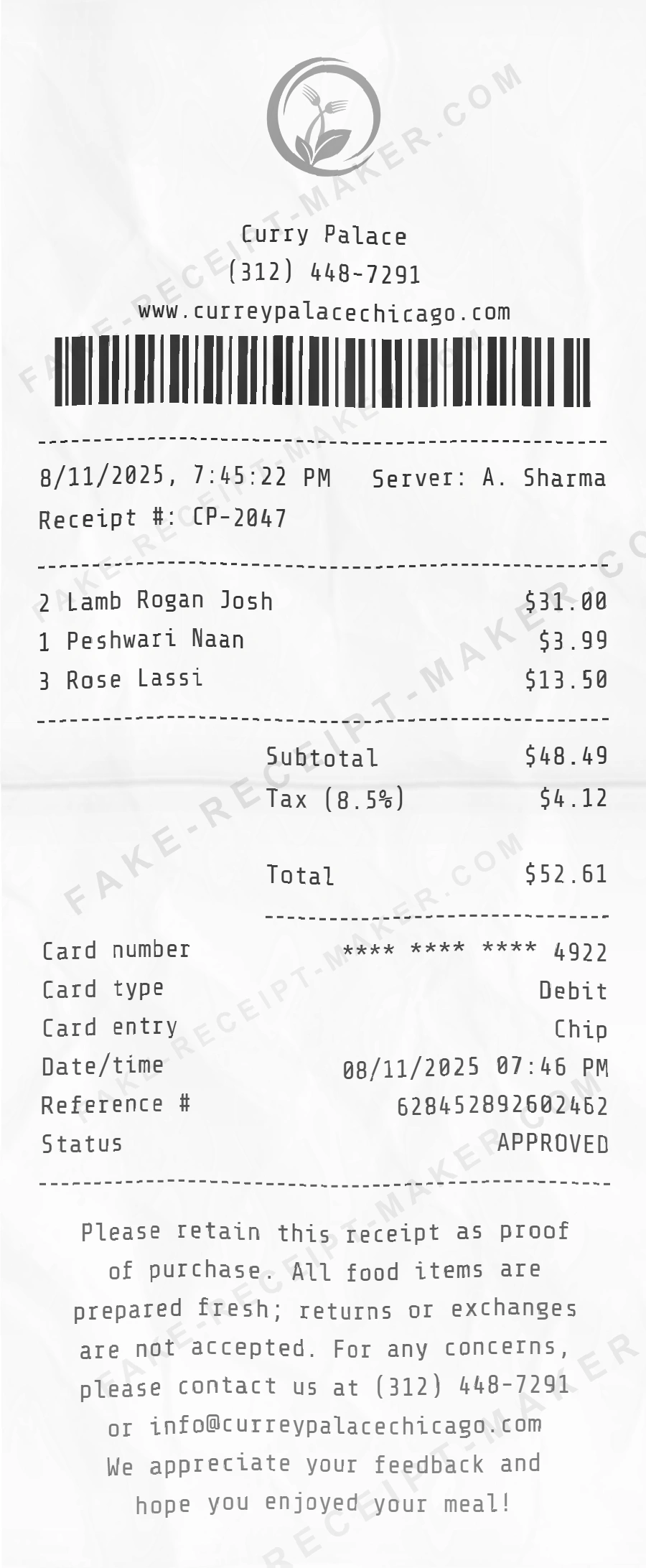 Make Indian Restaurant Receipt Online
