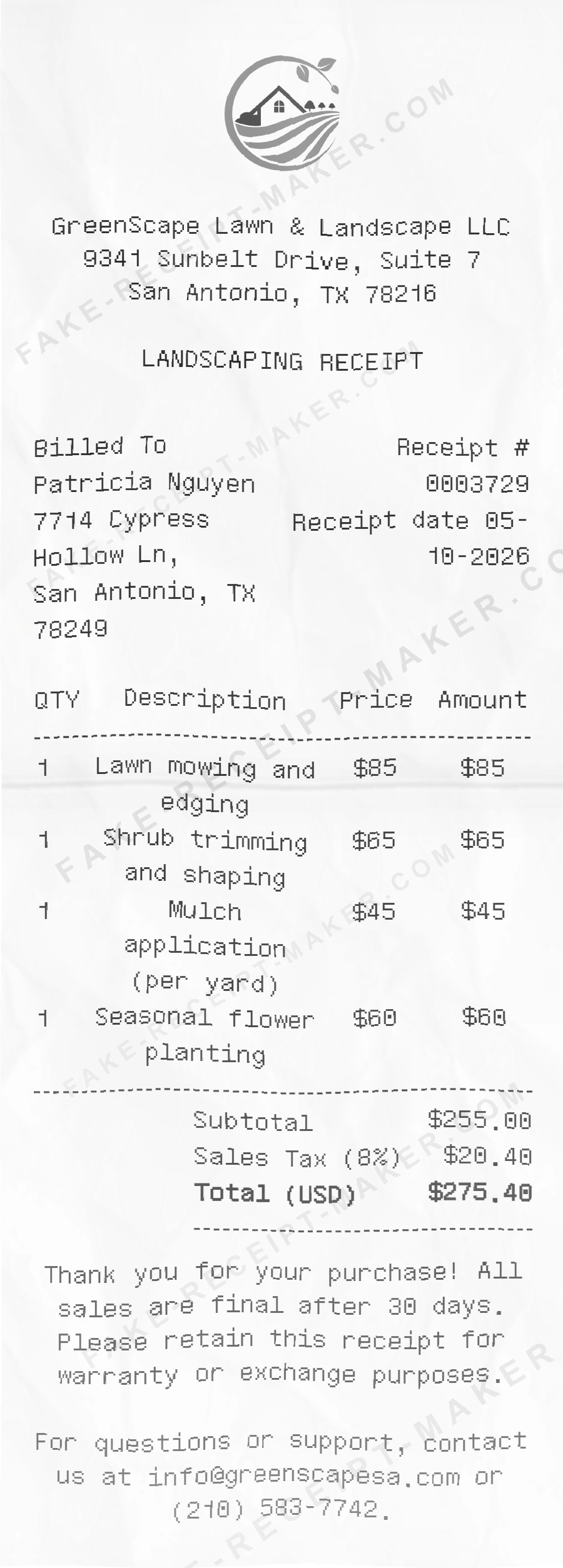 Make Landscaping Receipt Online