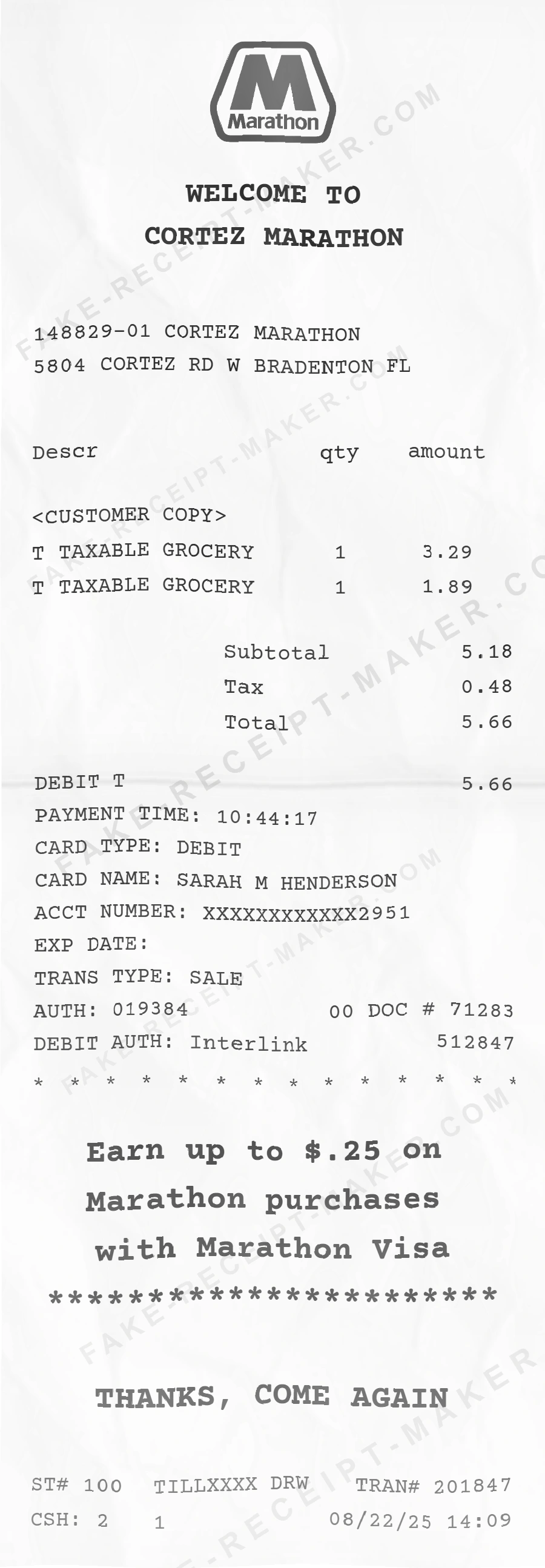 Marathon Gas Station receipt template