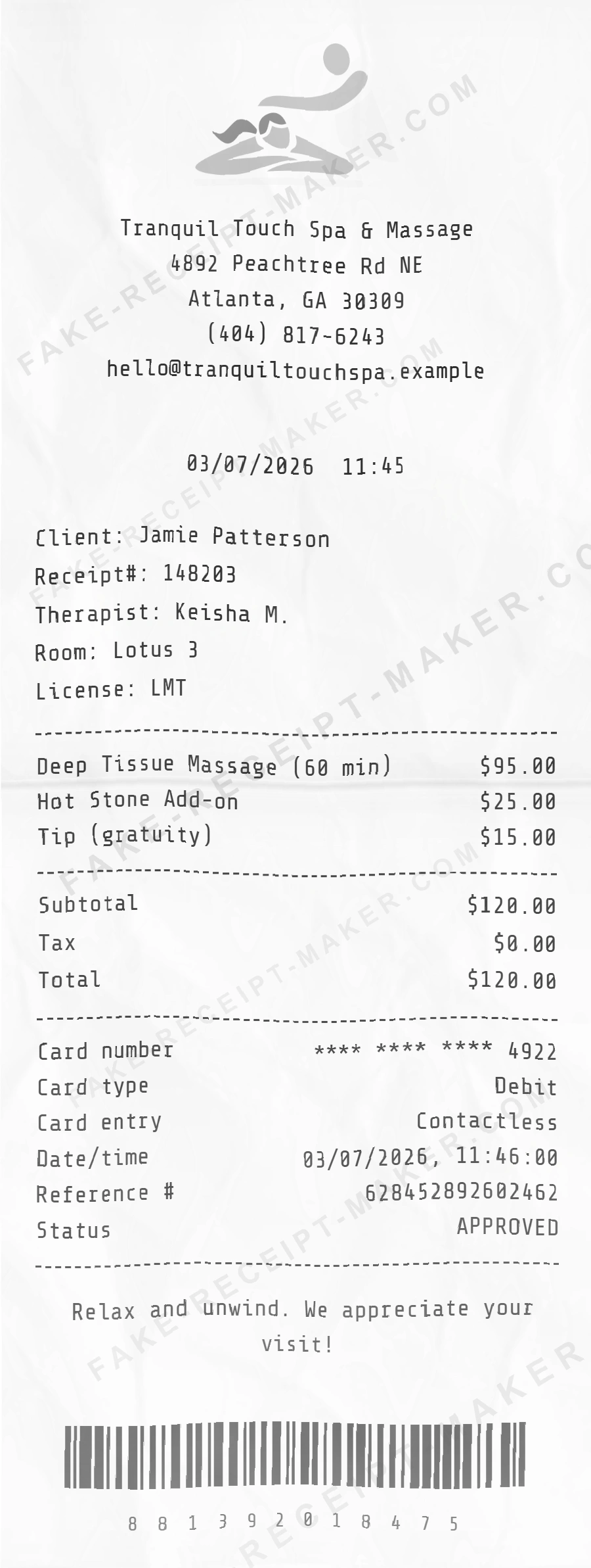 Make Massage Receipt Online