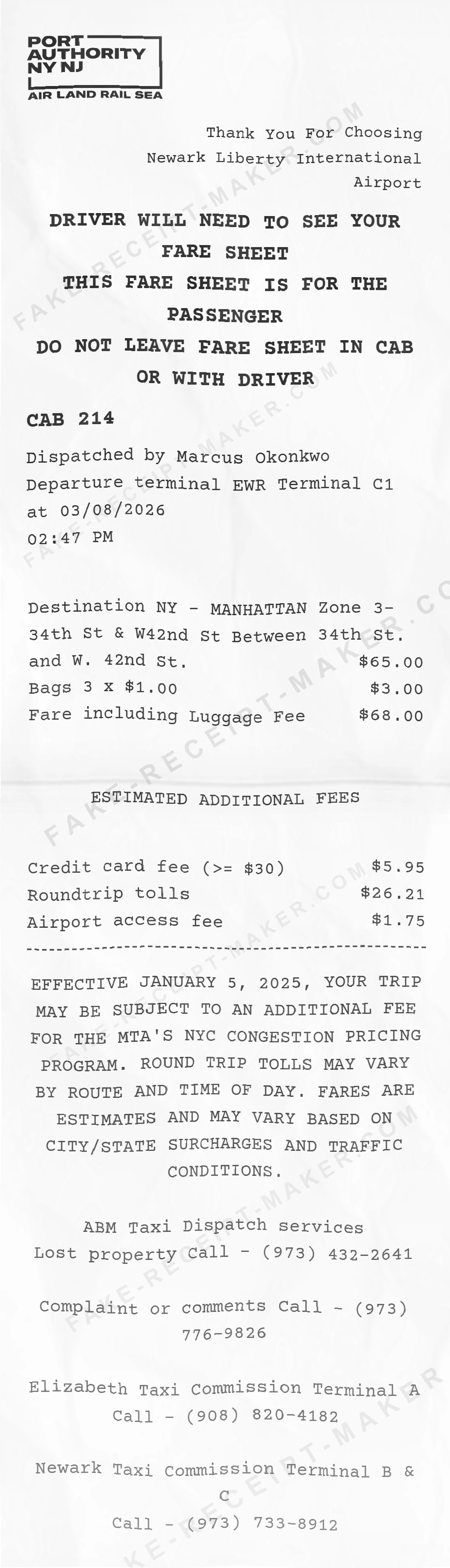 NYC Taxi receipt template