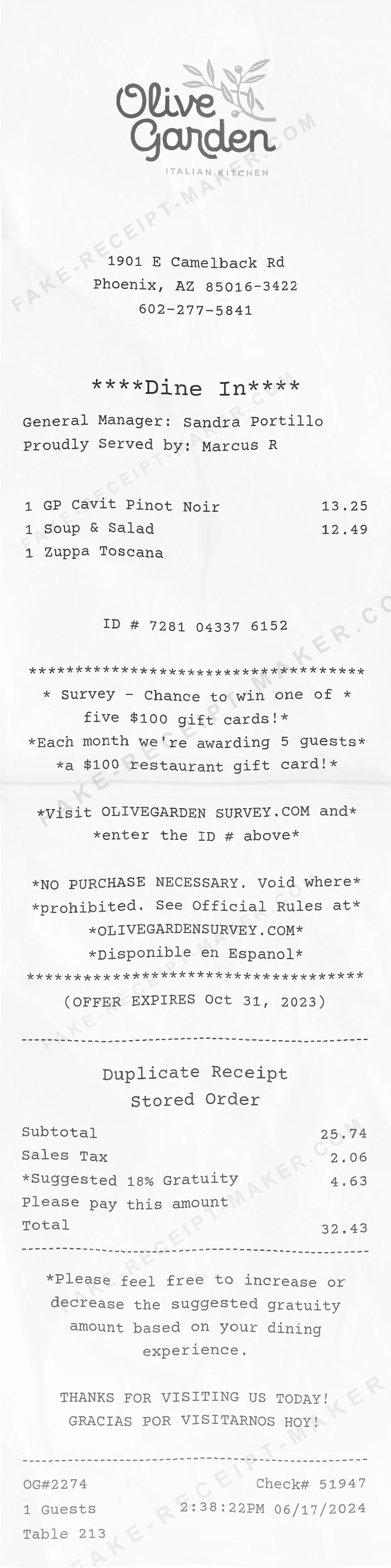 Olive Garden receipt template