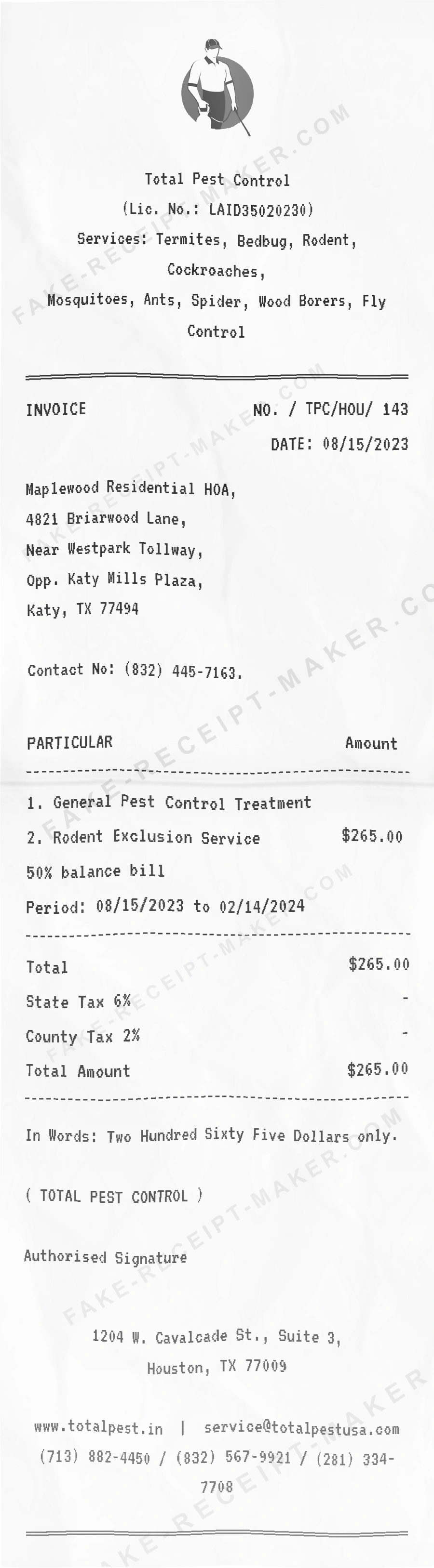 Make Pest Control Receipt Online