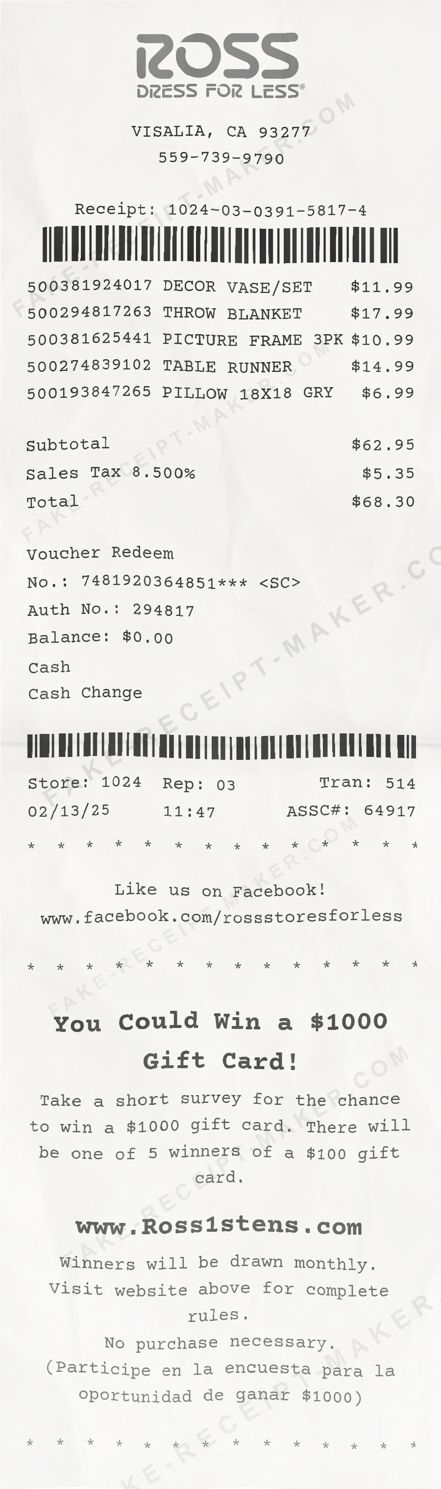 Make ROSS Dress For Less Receipt Online