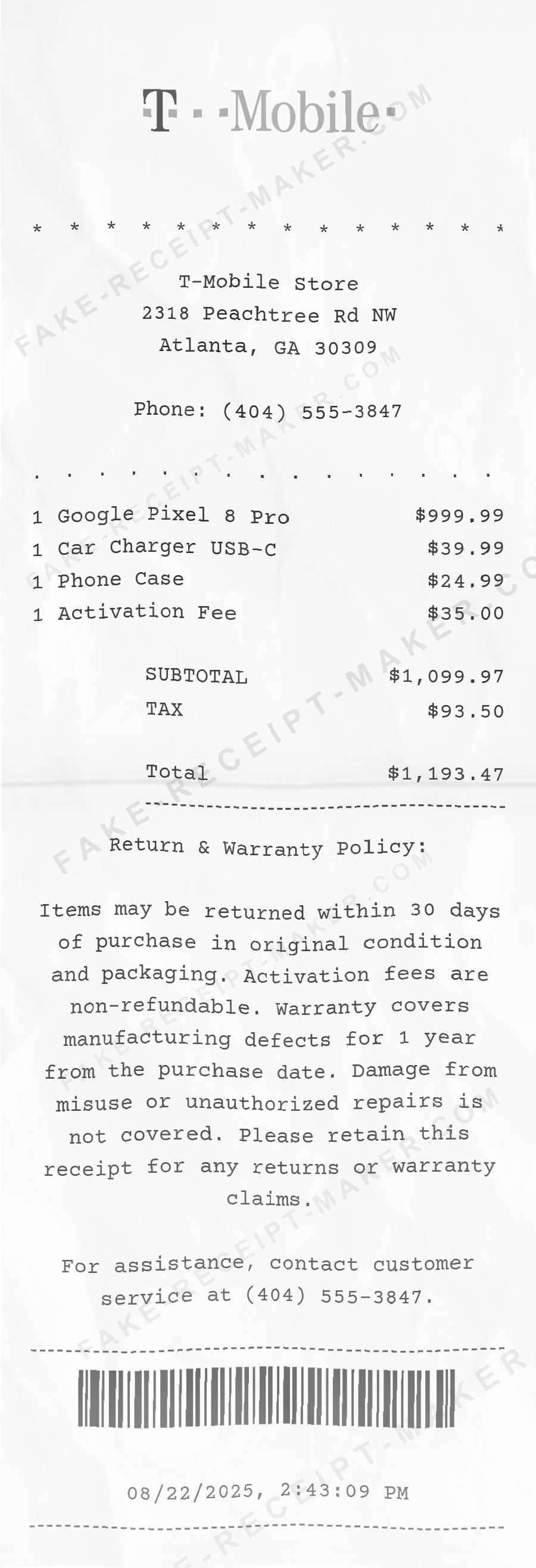 T Mobile receipt template
