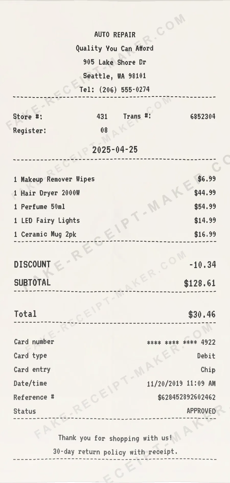 Auto Repair receipt template