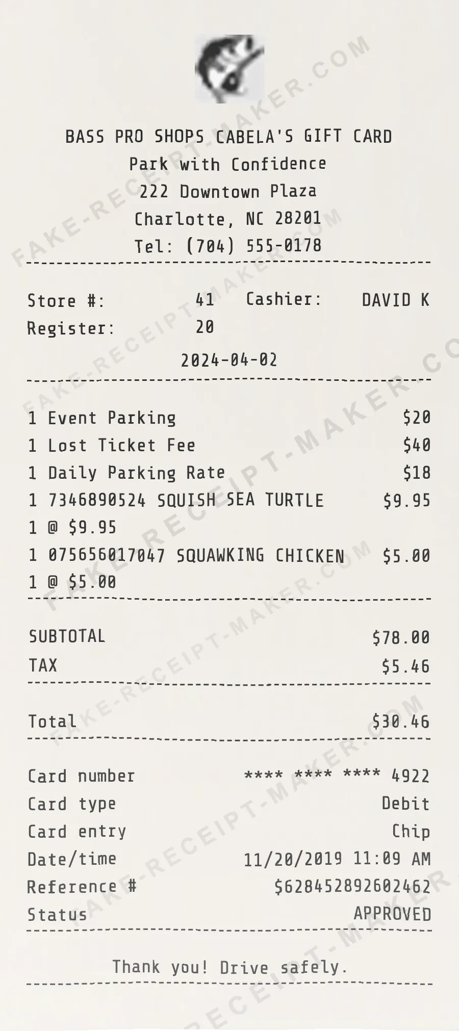 Bass Pro Shops Cabela's Gift Card receipt template