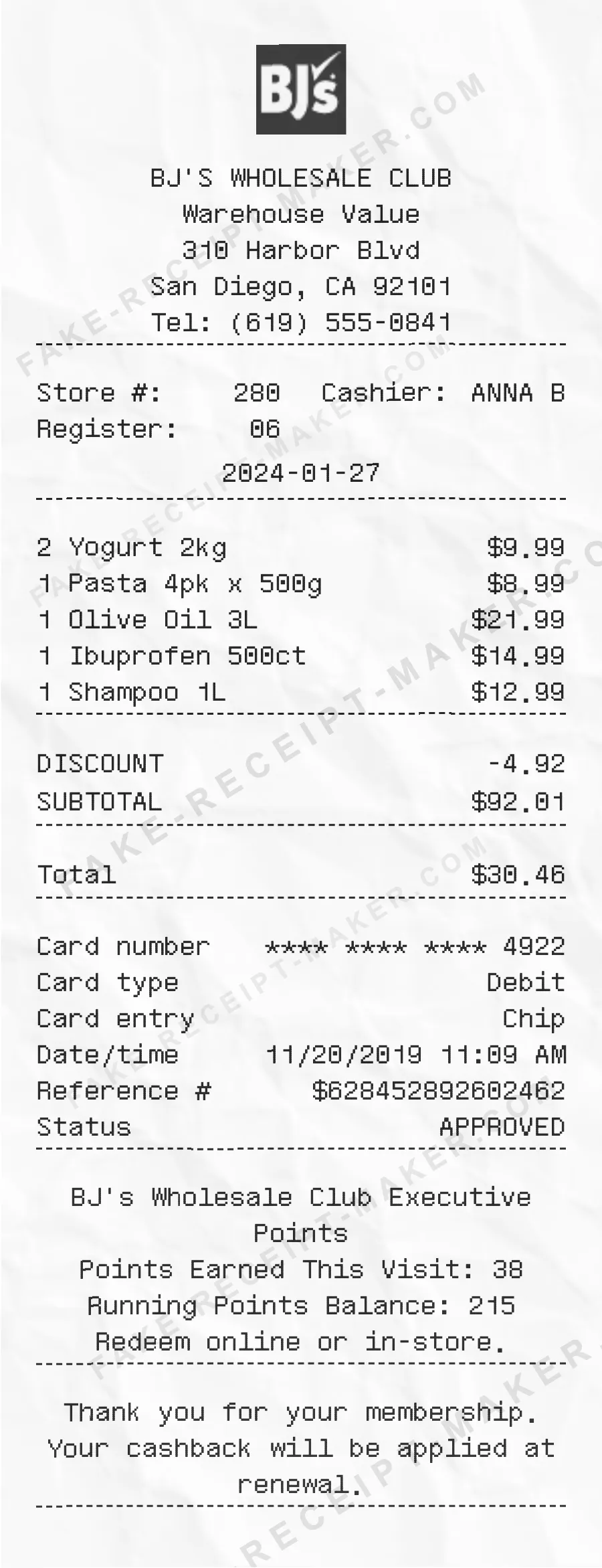 BJ's Wholesale Club receipt template