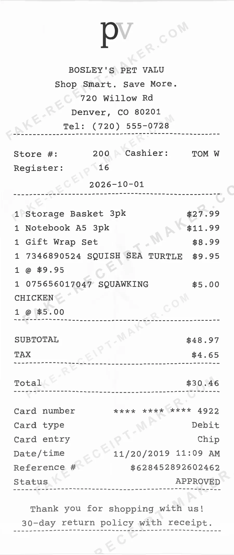Bosley's Pet Valu receipt template
