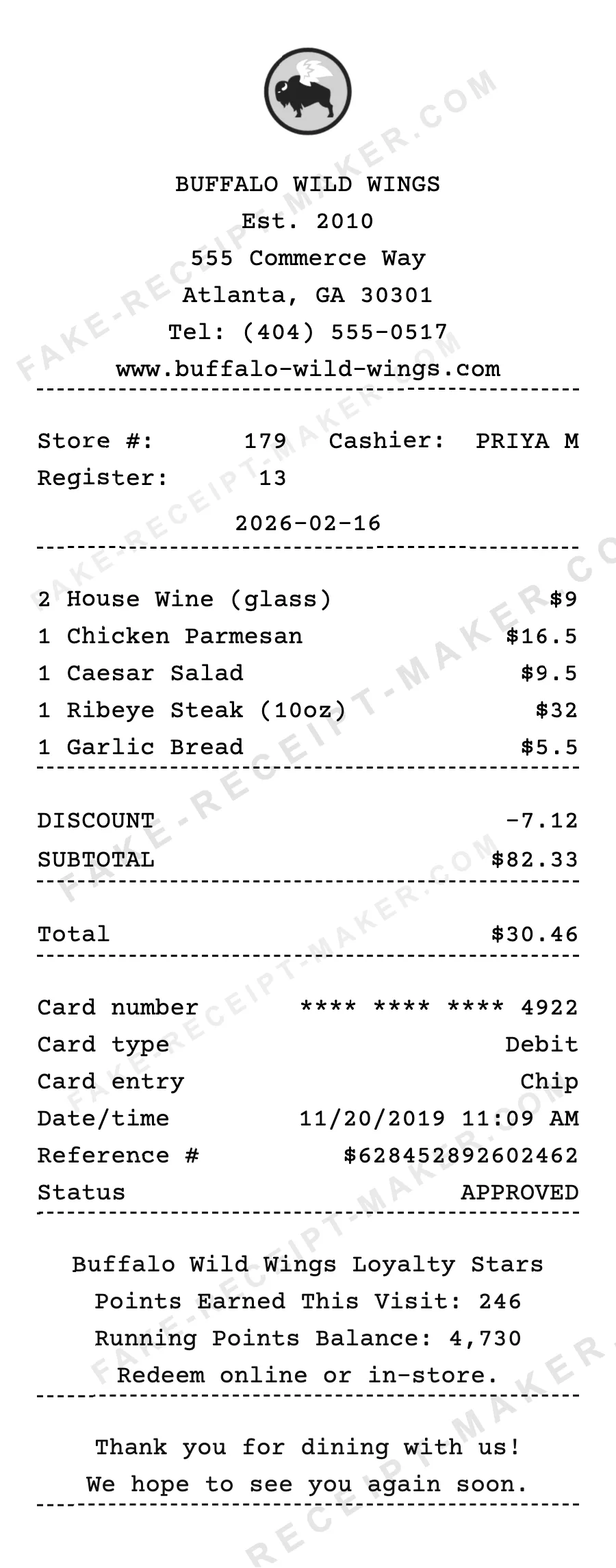 Buffalo Wild Wings receipt template