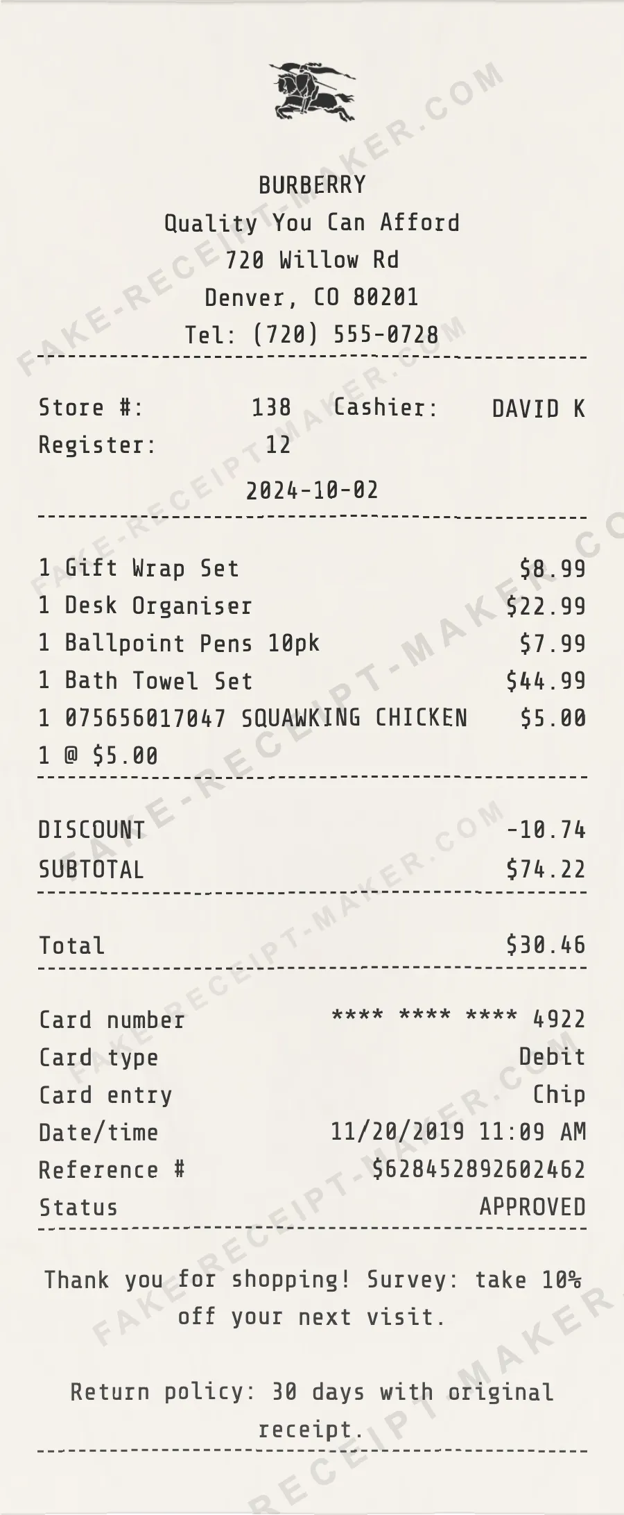 Burberry receipt template