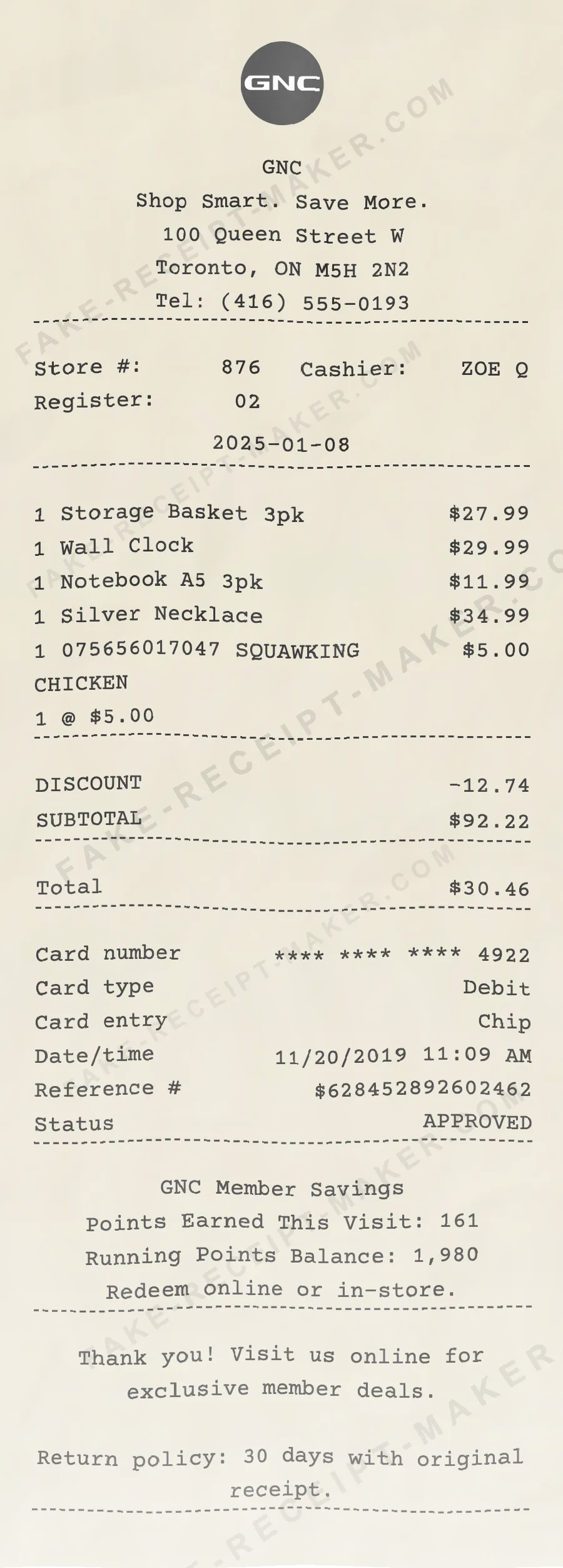GNC receipt template