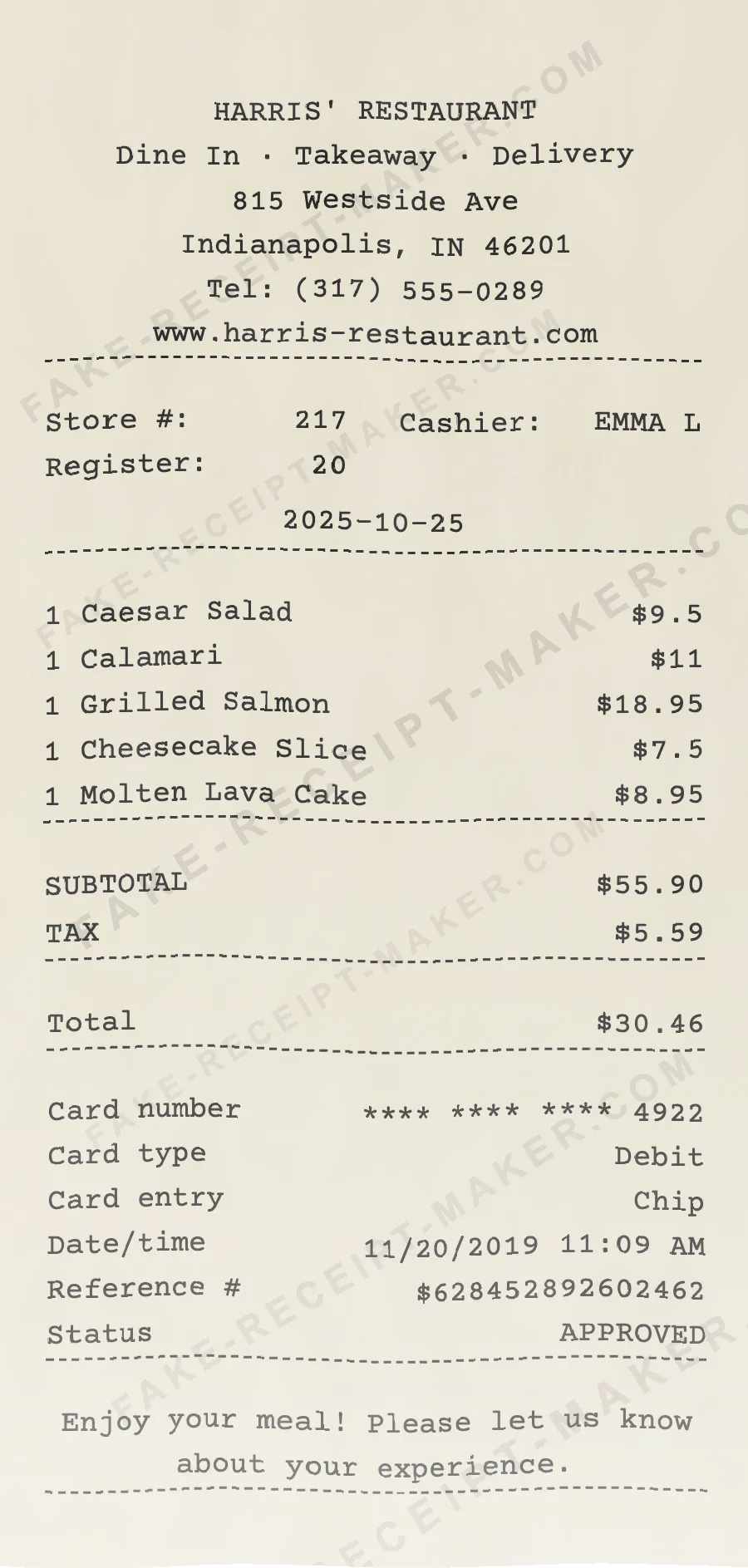 Make Harris' Restaurant Receipt Online