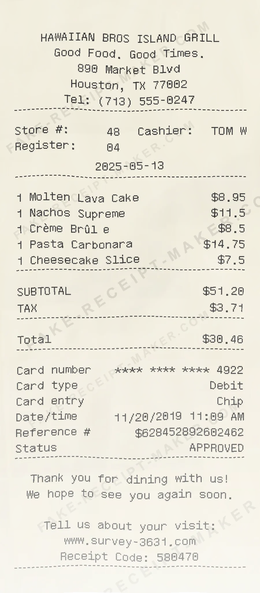 Make Hawaiian Bros Island Grill Receipt Online