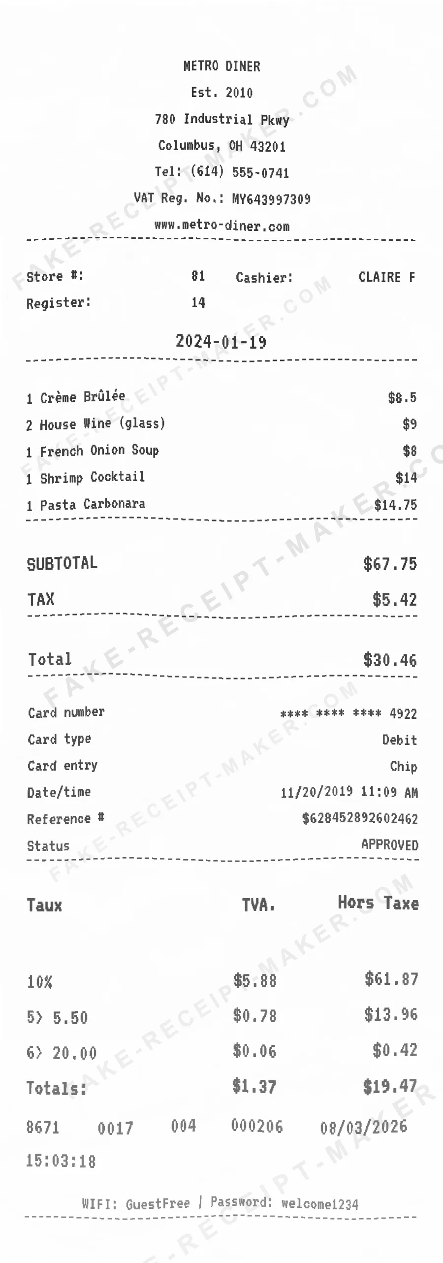 Make Metro Diner Receipt Online
