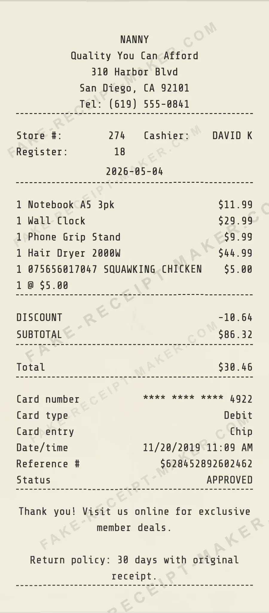 Nanny receipt template