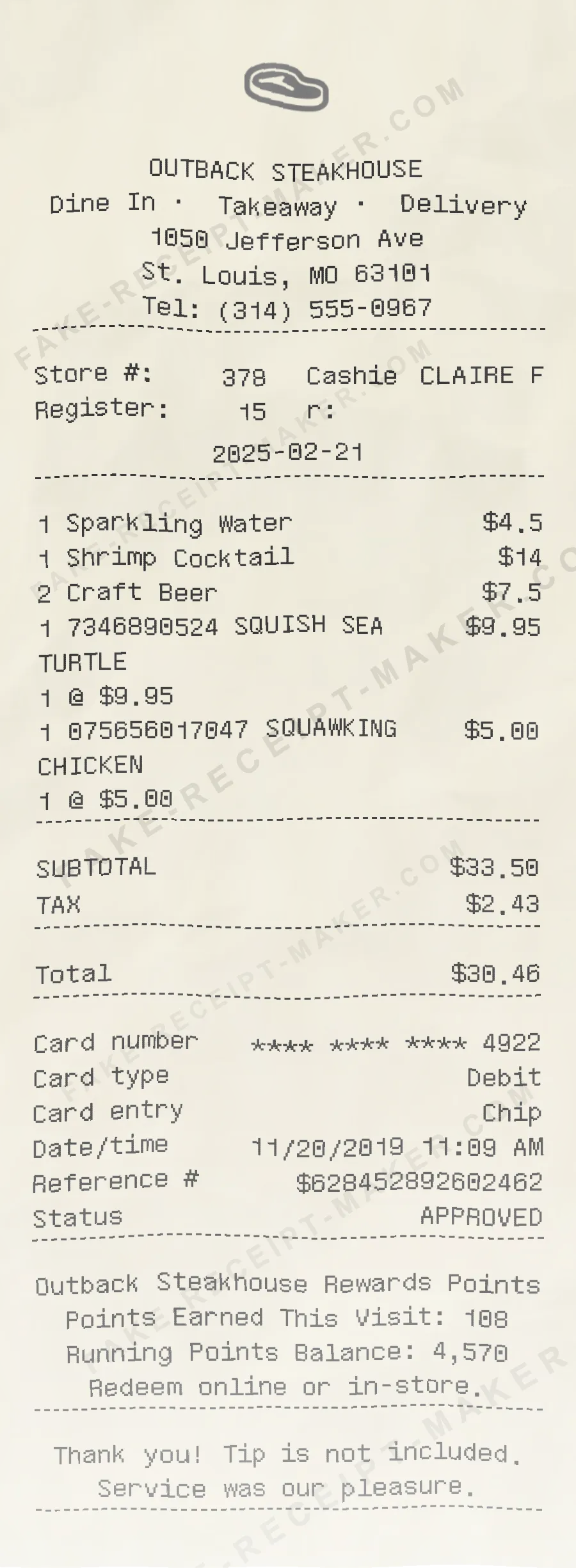 Outback Steakhouse receipt template