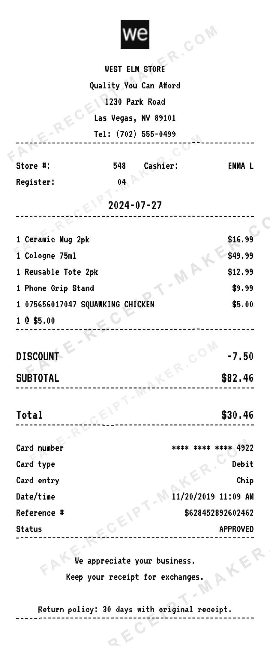 West Elm Store receipt template