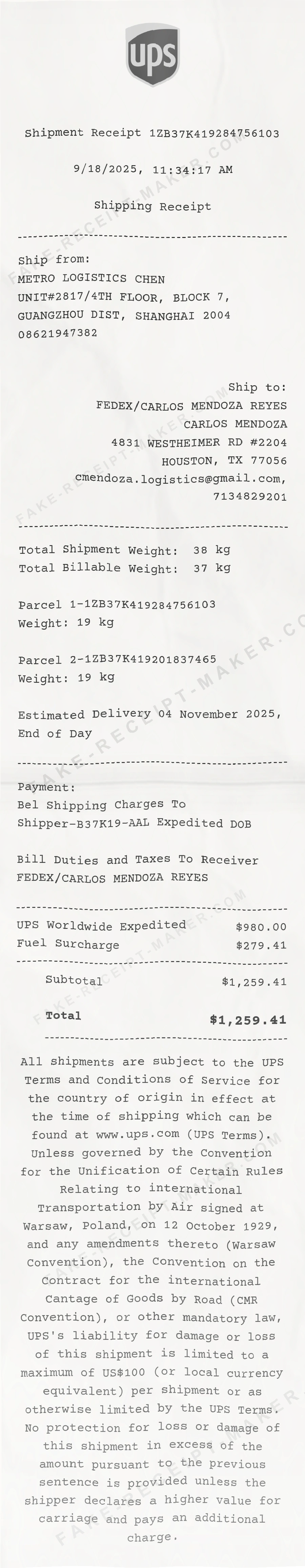 UPS Shipping receipt template